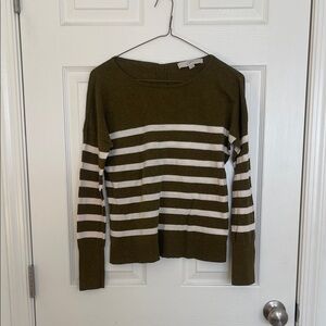 LOFT Button Back Olive and White Striped Crew Neck Sweater